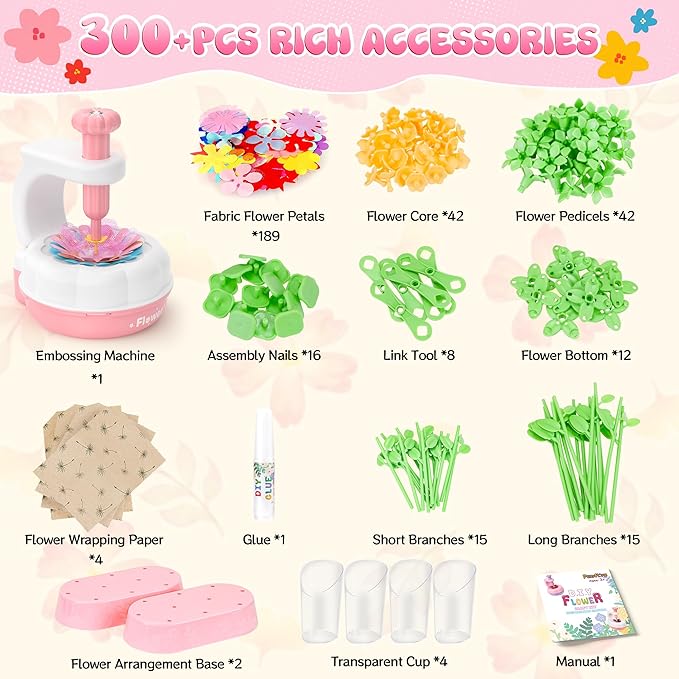 GirlsHome 300+PCS Fabric Flower Bouquets Toys, DIY Flower Crafts Kits for Kids, Arts and Crafts for Kids Ages 6-8 Girls, Build Flower Bouquet, STEM Educational Toy Preschool Gifts (White Pink)