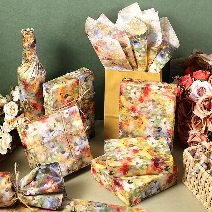 60 Sheets Monet Floral Garden Tissue Paper, 20 x 14 Inch Wildflower Monet Garden Patterns Art Wrapping Paper for Spring Birthday Wedding Spring Party Baby Shower Party Supplies