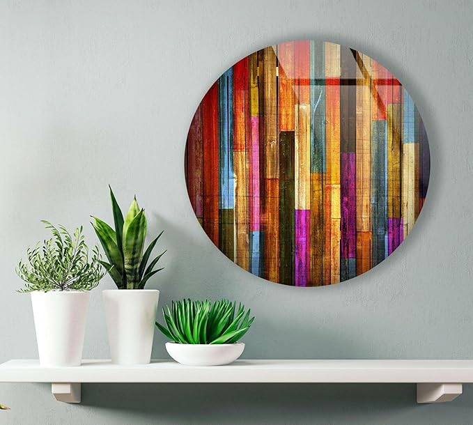 My Photostation.com 27.5''(70cm) Diameter Colorful Wood Pattern Round Glass Wall Art Tempered Glass Printing Wall Decor Large Wall Art Wall Hangings
