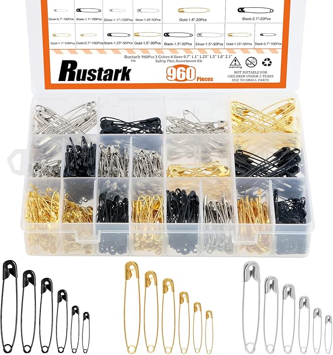 960Pcs Safety Pins Assorted 6 Sizes Variety Pack Large and Small Metal Safety Pin Gold Silver Black for Clothing Art Crafts Sewing Quilting Jewelry Making
