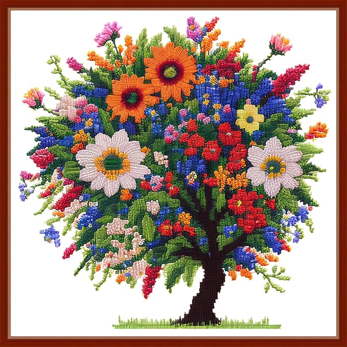 Dimensean Stamped Cross Stitch Kits Full Range of Embroidery Patterns Starter Kits for Beginners Adult or Kids DIY Cross Stitches Needlepoint Kits 11CT-Colorful Tree 17.7x17.7 inch