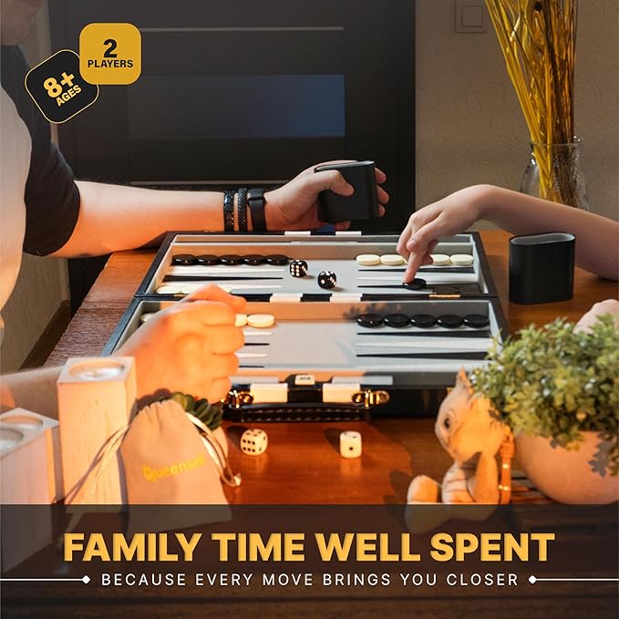 Backgammon Sets for Adults – 15-Inch Black PU Leather Board Game Set – Classic 2-Player Travel Backgammon Set with 32 Playing Pieces, Dice, and Cups