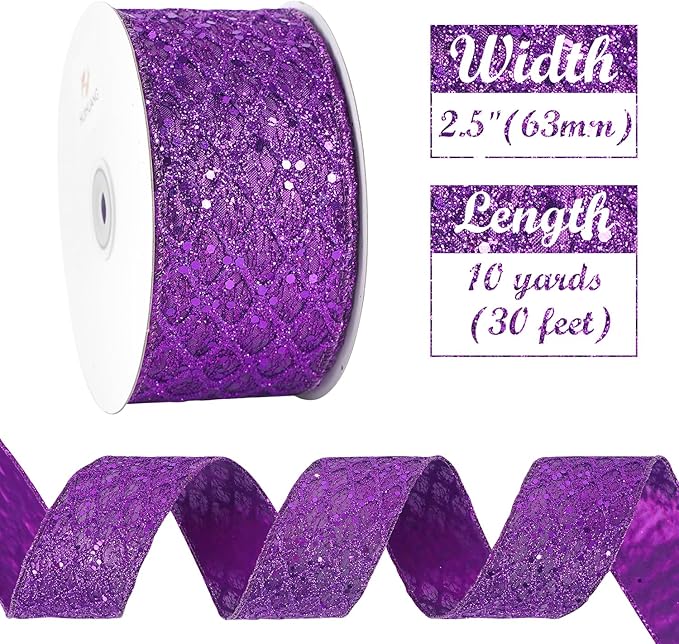 HUIHUANG Purple Wired Ribbon for Christmas Tree 2.5 inch Purple Glitter Diamond Mesh Ribbon for Tree Decoration, Wreaths, Garland, Gift Wrapping, Large Bows Making, Halloween Decor -10 Yards