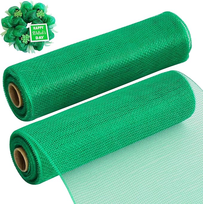 TONIFUL 2 Rolls 10 Inch Green Decorative Mesh Ribbbon Rolls, Fabric Mesh for Mesh Wreath Supplies, Front Door Wreath Crafts Tree Decor Christmas NewYears Halloween Decoration (10 yds/roll)