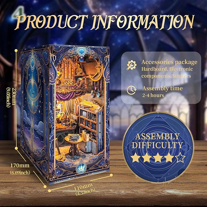 DIY Book Nook Kit, Miniature Dollhouse Booknook Kit, 3D Wooden Puzzle Bookend Bookshelf Insert Decor Diorama Kit with LED Light for Teens and Adults (Star Map Secrets)