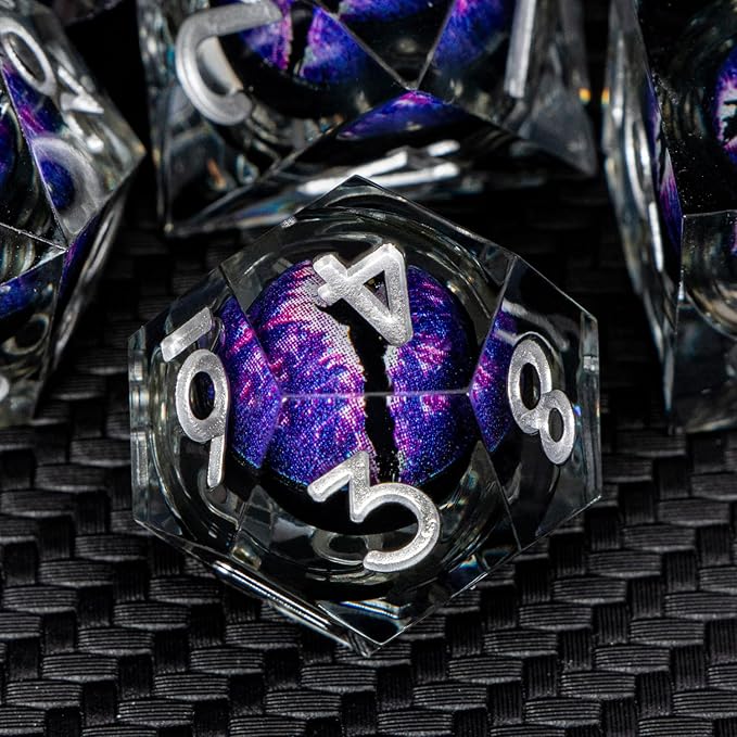 ARUOHHA DND Resin Dice Dragon Eye Dice Liquid Core Purple Sharp Edged Dice Set with Gift Box, Dungeons Polyhedral D and D Dice Set Compatible with D&D Role Playing Game D20 D12 D10 D8 D6