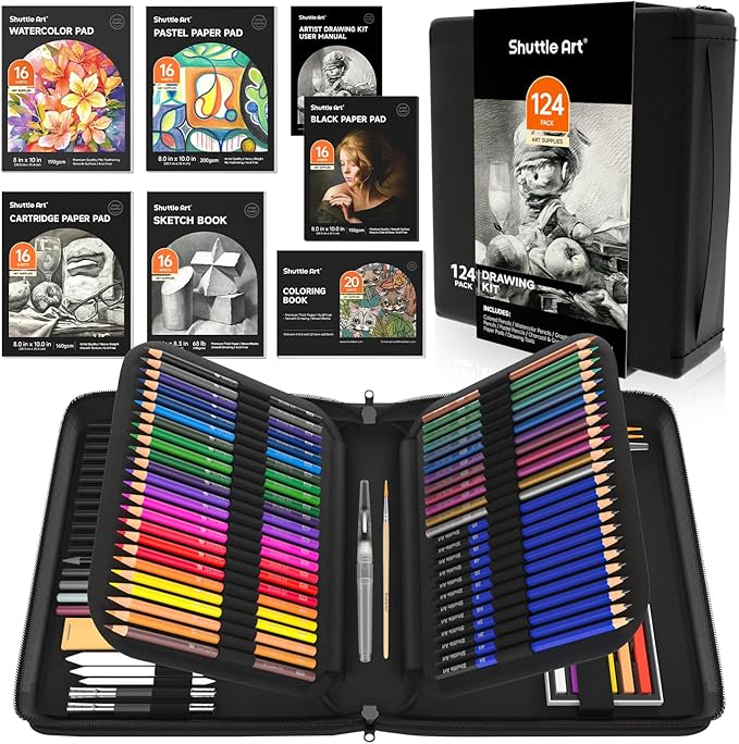 Shuttle Art 124 PCS Drawing Kit, Professional Drawing Supplies with Sketch, Charcoal, Colored, Graphite, Pastel Pencils & Sticks, Complete Drawing Tools and Paper Pads in Zipper Case for Artists&Kids
