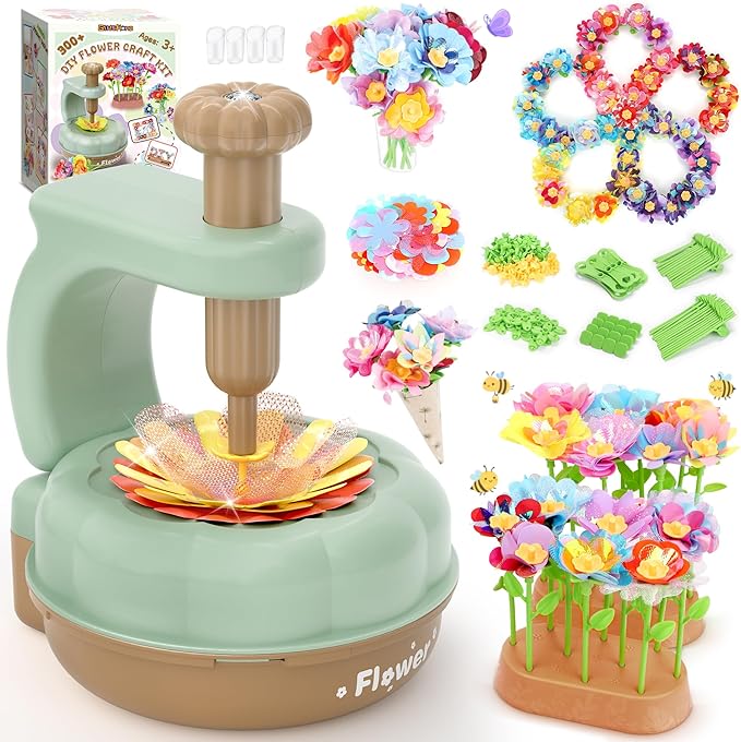 GirlsHome 300+PCS Fabric Flower Bouquets Toys, DIY Flower Crafts Kits for Kids, Arts and Crafts for Kids Ages 6-8 Girls, Build Flower Bouquet, STEM Educational Toy Preschool Gifts (Green Brown)