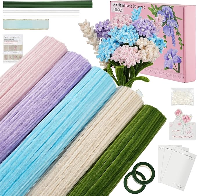 400 Pcs Soft Craft Pipe Cleaners Flowers,5 Colors Chenille Stems Bulk with Floral Wires, Gardening Tape,Greeting Card,Bouquet Paper,Hot Glue Stick,Pearl & Ribbon,Ideals for Various Types Decor