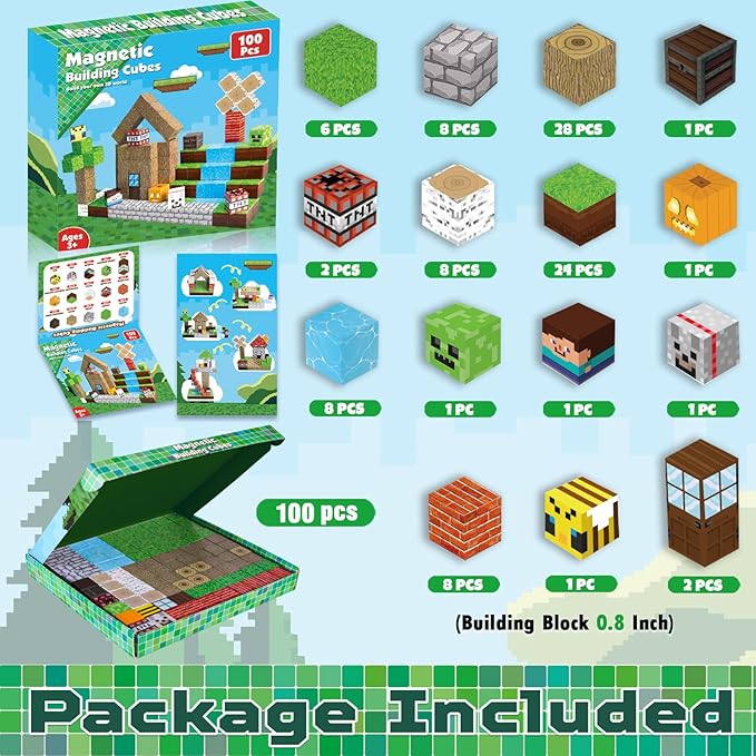 Magnetic Blocks-100PCS Magnetic Building Blocks Magnet Cube Toys Stacking, Build Forest World Set, STEM Montessori Sensory Toys for Kids Boys Girls Age 3 4 5 6 7 8 9 10 Birthday Gifts