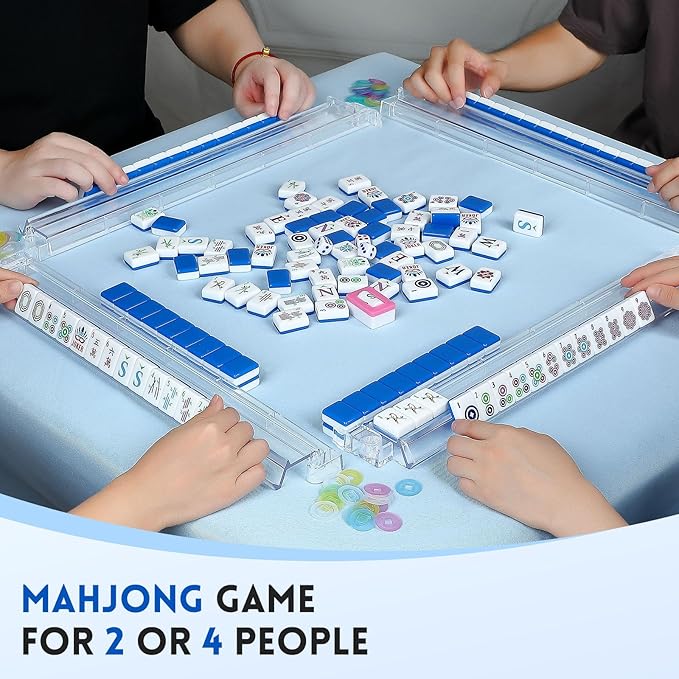 American Mahjong Tile Set,166 Tiles White Blue Acrylic Carving Tiles,Mahjong Game Set with Portable Travel case(Racks Not Included)