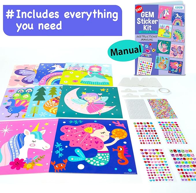 EZCRA Easy Arts and Crafts for Kids - Fun Gem Sticker Kit - 8 Unicorn Princess Themes, 990+ Stickers - Gem Art for Kids - Diamond Art Kits - Gifts for Girls Ages 3-8