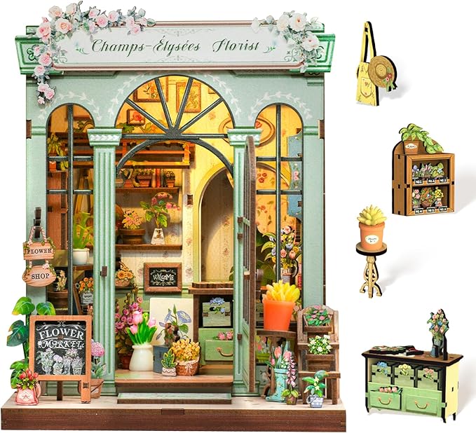 Cutefun Book Nook Kit - DIY Miniature Dollhouse Kit 3D Creative Decorative Bookend 3D Wooden Puzzle for Adults, Bookshelf Insert Room Decor with LED Light (Champs-Élysées Florist)
