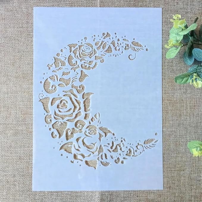 TIAMECH A4 Reusable Moon Flower Stencil for Painting - Rose Crescent Layering Template, DIY Wall Art, Wood Furniture, Scrapbook & Crafts (8.3x11.7inch)