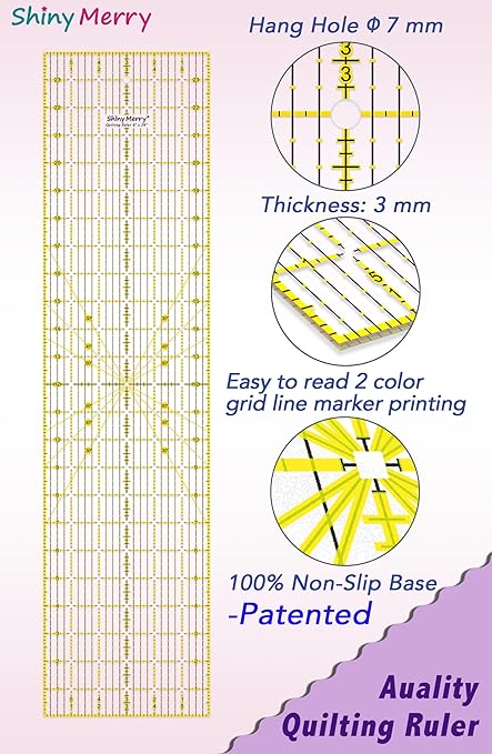 Quilting Ruler 6"x24",Non-Slip Clear Acrylic Sewing Ruler with Easy-to-Read Grid,Yellow & Black Grid Design,Perfect for Fabric,Patchwork,Cutting & Sewing Crafts,Durable Tool for Quilting