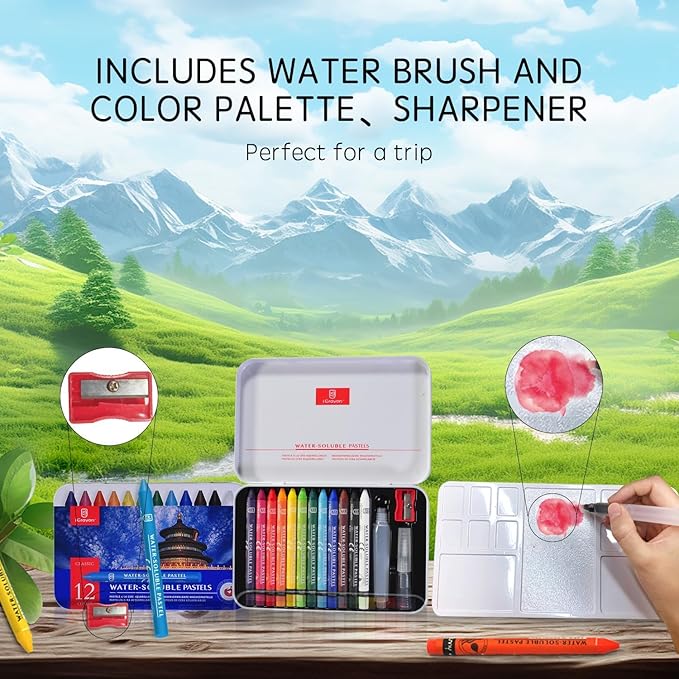 12 Colors Water Soluble Pastels, Watercolor Pastels Set for Beginners and Hobbyists, Includes Sharpener, Palette & Brush for Vibrant Art Creations (Classic)