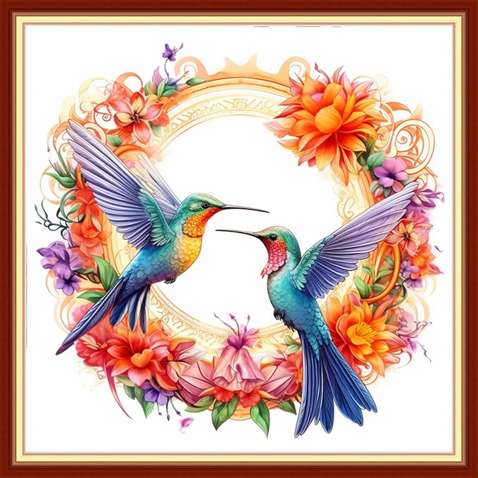 Foxdiviy Stamped Cross Stitch Kits for Beginners Full Range of Cross Stitching 11 CT Printed Cross Stitch Kits for Kids Adults Cross Stitch Patterns Needlepoint Kits-Hummingbird Wreath 18x18 inch