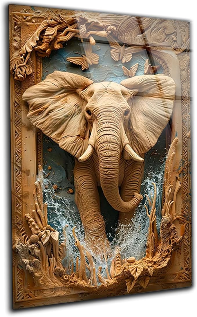 SpiritualHands Rustic Elephant Printed Tempered Glass Wall Art Painting for Living Room, Tempered Glass Modern Prints Decor, Large Vivid Color Panel for Bedroom, Kitchen, or Office