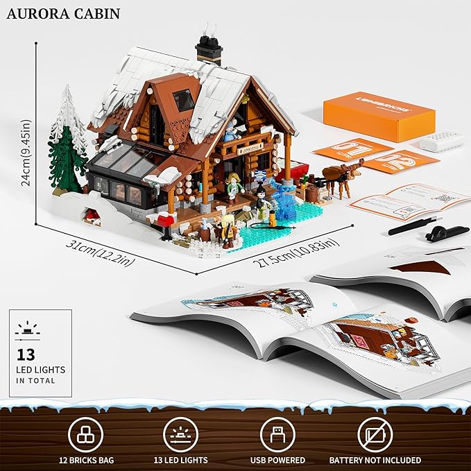 Aurora-Cabin Christmas Lighting-Building-Bricks Set - 2425 Pcs Retro House Winter Lodge LED Light Construction Building Christmas Village Model Set for Adults and Families