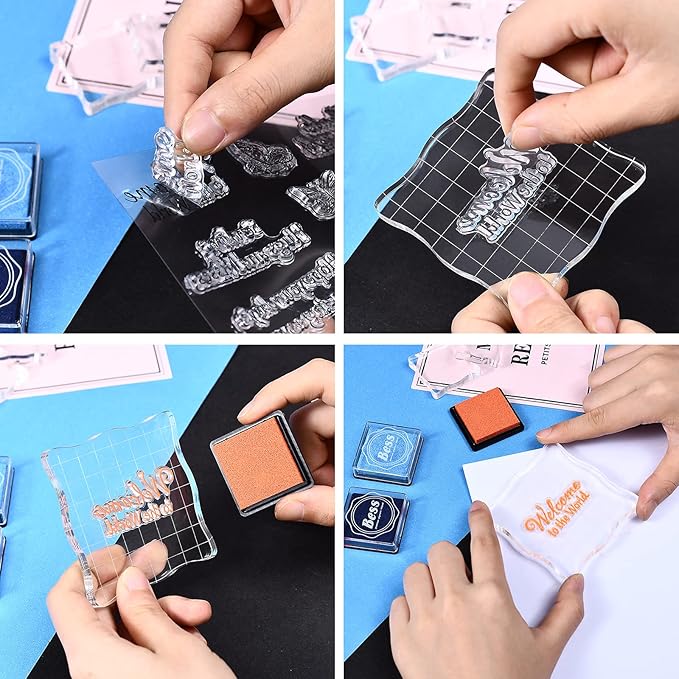 7 Pieces Clear Stamp Blocks, driew Clear Acrylic Stamping Blocks Tools Set with Grid and Grip Decorative Stamp Blocks for Scrapbooking Crafts, Cards, Schedule Book
