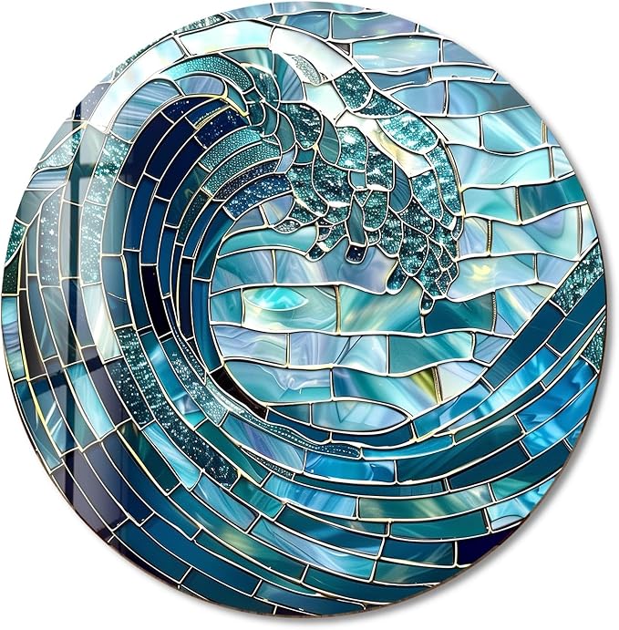 My Photostation.com 24''(60cm) Diameter Ocean Wave in Blue Mosaic Round Glass Wall Art Tempered Glass Printing Wall Decor Large Wall Art Wall Hangings
