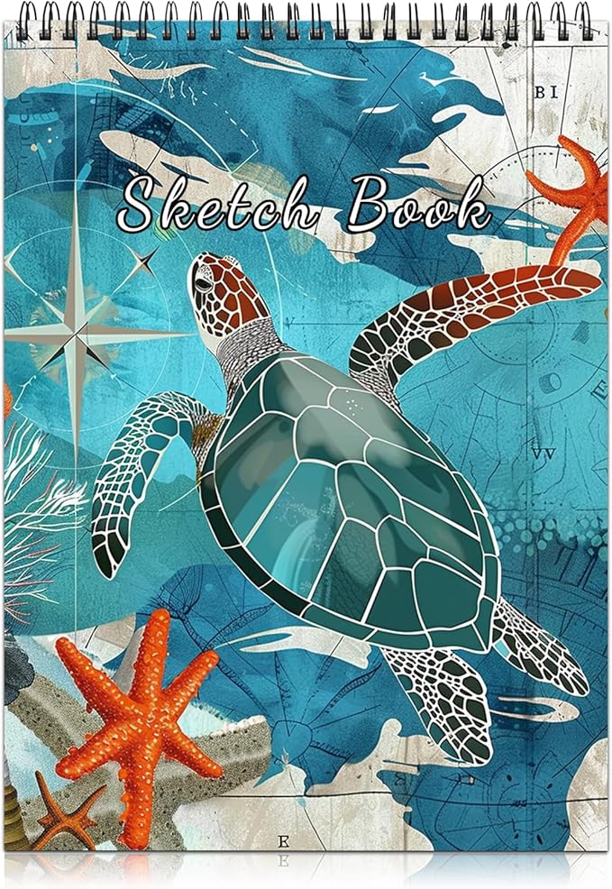 Cabreche Cute Sketchbook Top Spiral Bound Sketch Pad, 9 x 12 inch,100GSM Thick Paper,50 Sheets 100 Pages,Art Sketch Book Artistic Writing Drawing Paper for Girls Women Beginners-Sea Turtle