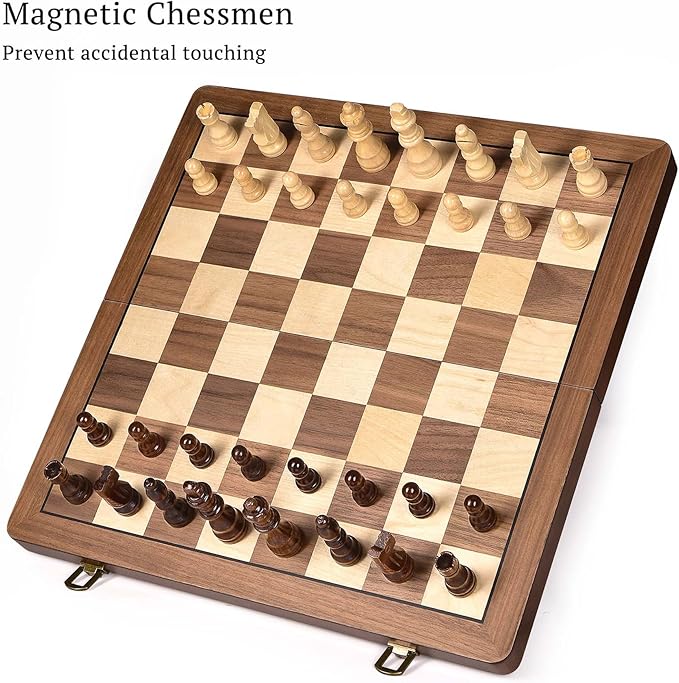 15" Wooden Chess Set with Magnetic Pieces - Extra Queens - Folding Chessboard Portable Travel Tournament Chess Board Games for Adults Kids