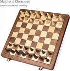 15" Wooden Chess Set with Magnetic Pieces - Extra Queens - Folding Chessboard Portable Travel Tournament Chess Board Games for Adults Kids