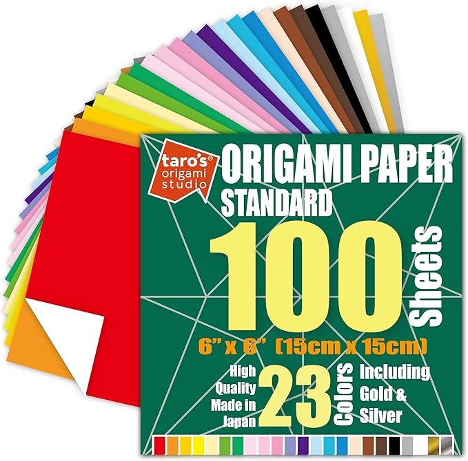 [Taro's Origami Studio] Standard 6 Inch One Sided 23 Colors 100 Sheets Square Easy Fold Premium Japanese Paper for Beginner (Gold and Silver Included)