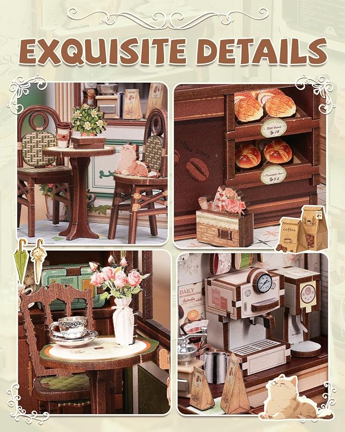 Cutefun Book Nook Kit - DIY Miniature Coffee Shop Dollhouse Kit for Adults and Teens, 3D Wooden Cafe Puzzle Mini House Building Kit with LED Bookshelf Insert Decor Creative Gifts (Sunny Cafe)