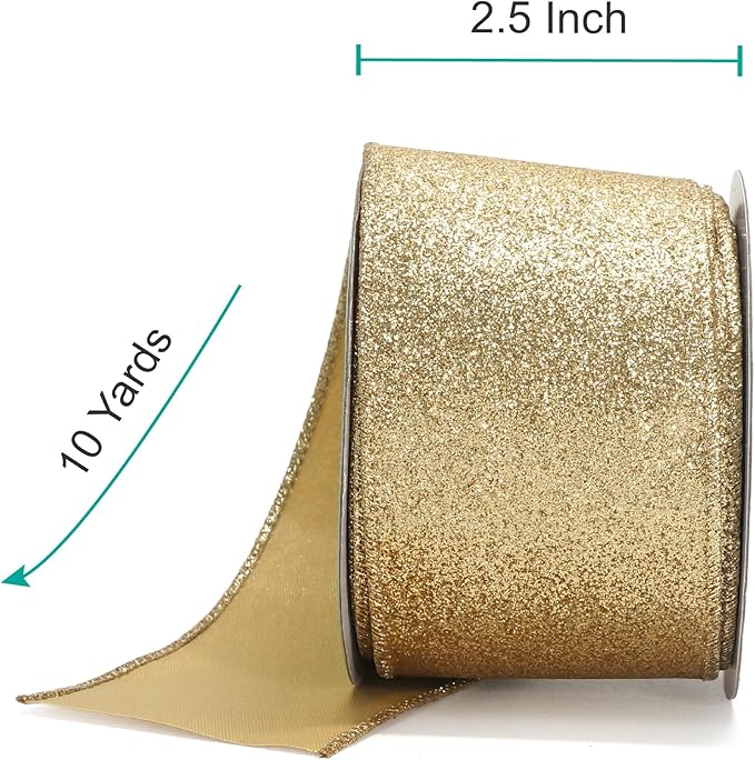 CT CRAFT LLC Glitter Wired Ribbon 2.5" x 10 Yards Light Gold for Christmas Home Decor Bow Gift Wrapping DIY Crafts Wreath