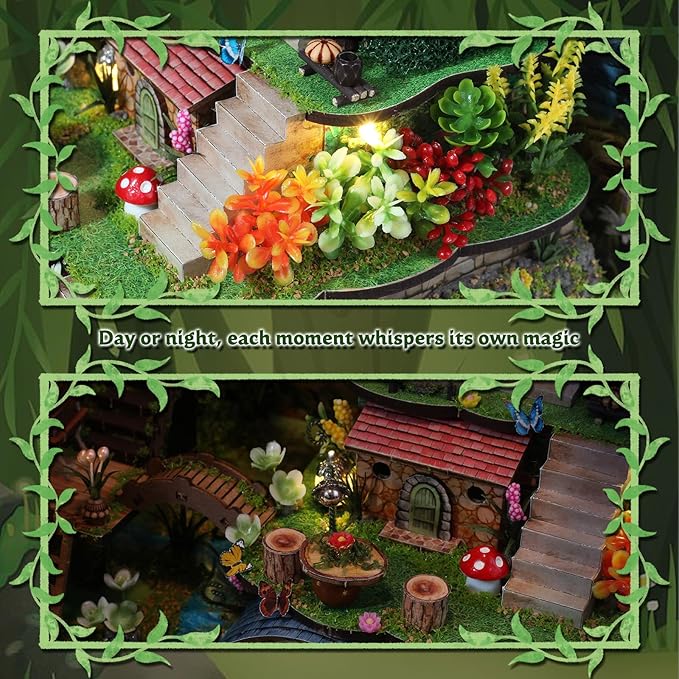 DIY Miniature House Kit, Forest Book Nook Kit with Music, 3D Wooden Puzzles for Adults, Dollhouse Kit with LED Light, Mini Building Kit, Craft Kit for Adults Teen to Build (Forest Garden)