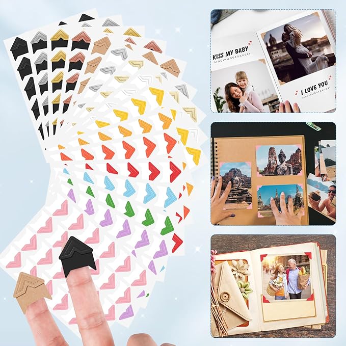 GOONAVI 15 Sheets 360 PCS Multicolor Acid-Free Photo Corners Notebook, Self-Adhesive Photo Corners for DIY Photo Album Journal, Photo Corner Stickers for Trip Journal Memory Book