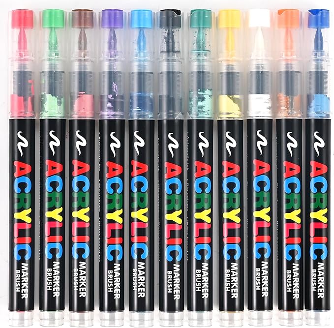 12 Colors Acrylic Paint Markers, Soft Brush Tip Pens with Direct Ink System for Rock, Wood, Fabric, Canvas, Glass, Waterproof Paint Pens for DIY Crafts, Kids & Artists