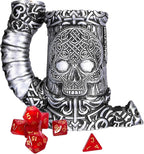 Dice Tower Mug, Dice Rolling Tower, Comes with 7 PCS Dice Set, Suitable for DND Dungeons and Dragons, Tabletop Games, Available As Drink Holder, D&D Gifts, DND Accessories (Silver Skull)