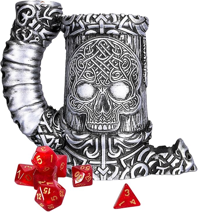 Dice Tower Mug, Dice Rolling Tower, Comes with 7 PCS Dice Set, Suitable for DND Dungeons and Dragons, Tabletop Games, Available As Drink Holder, D&D Gifts, DND Accessories (Silver Skull)