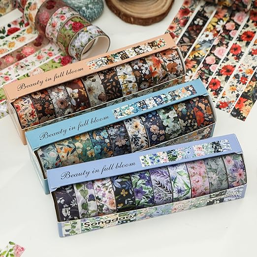 10 Rolls Blooming Flowers Washi Tape Set Floral Arts Adhesive Tapes Colorful Garden Decorative Masking Tape Sets for Craft, Kids, Scrapbook, DIY, Gift Wrapping (4-Purple)