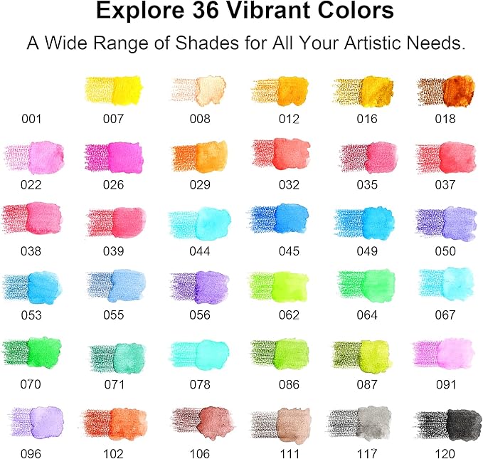 KALOUR Watercolor Pencils with Brush, 36 Colors, Blendable Wet or Dry, Ideal for Coloring Books and Art