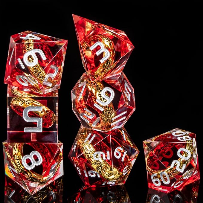 OUKELANWO Magic Lord Rings DND Dice Set with Box, 7Pcs Resin LOTR D&D Dice Set for Role Playing Game, Red Dungeons Dragons D and D Sharp Edge Dice D20 D12 D10 D8 D6 D4