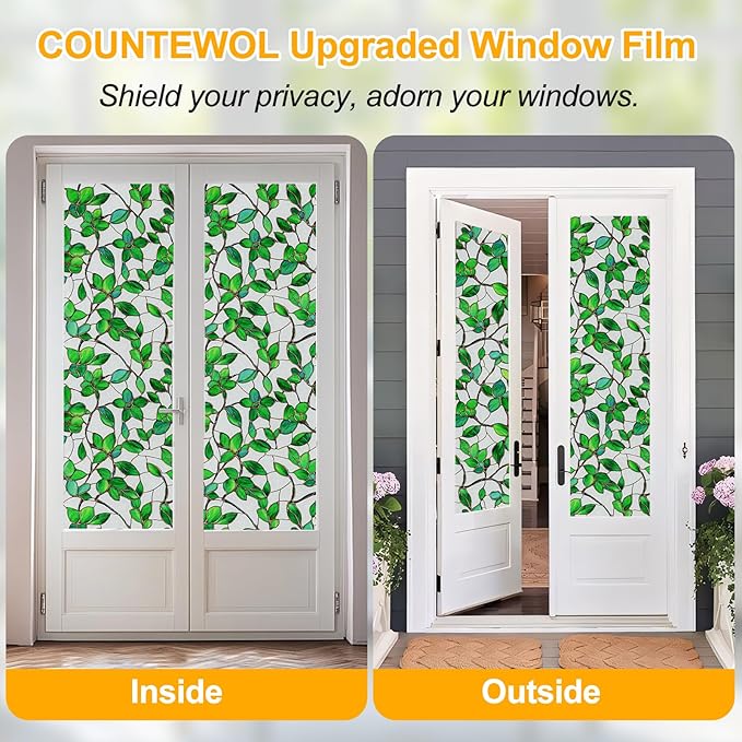 Window Privacy Film Stain Glass Window Film Rainbow Window Film Window clings Non-Adhesive Reusable Decorative for Room (Frosted Greenery Leaf, 23.6 x 78.7 in)