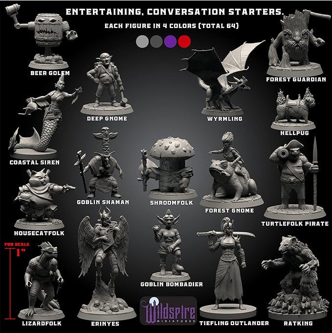 Wildspire Fantasy Monsters & Bookish Dragon for DND Miniatures Unpainted Bulk 28mm-32mm Dungeons & Dragons Minis Pathfinder Figures Fantasy Unpainted Tabletop RPG Miniature Starter Set for D&D