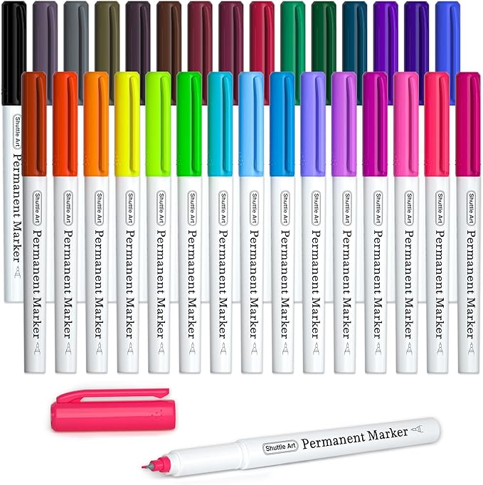 Shuttle Art Permanent Marker, 30 Colors Ultra Fine Point, Assorted Colors, Works on Plastic,Wood,Stone,Metal and Glass for Kids Adult Coloring Doodling Marking