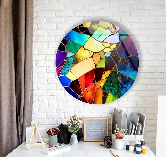 My Photostation.com 27.5''(70cm) Diameter Multicolor Round Stained Glass Wall Art Vibrant Mosaic Abstract Panel Tempered Glass Printing Wall Decor Large Wall Art Wall Hangings
