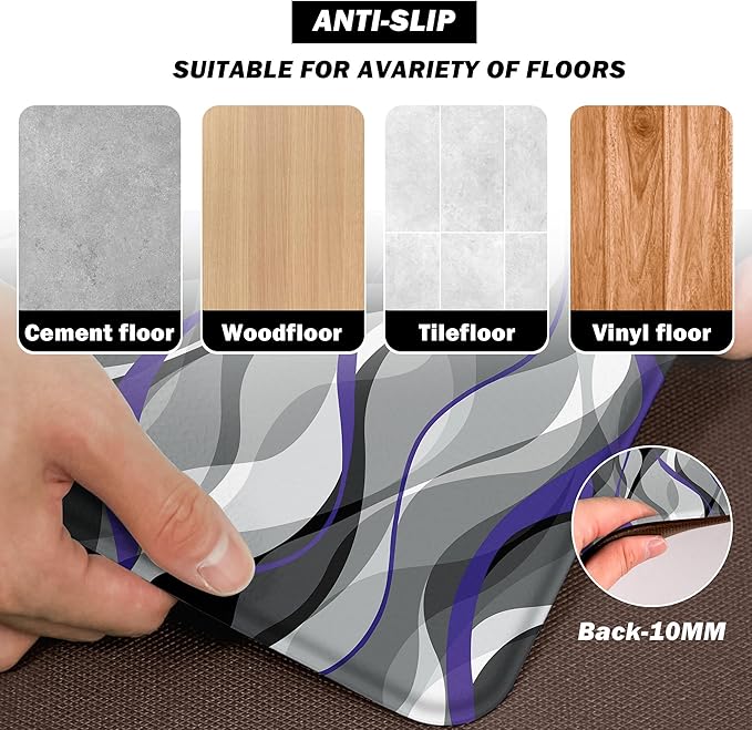 Kitchen Mats for Floor Modern Abstract kitchen rugs Grey and Purple Stripe Anti Fatigue Kitchen Mats Waterproof Floor Mats Cushioned Non-Skid Standing Mats for Kitchen, Set of 2,17.3 x 28+17.3 x 47