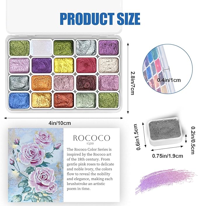 Mini Forestry Shifting Watercolor Painting Kit, 20 Color Shifting Watercolor Paint Set, Shimmer Metallic Watercolor Set, Glitter Watercolor Paint, Solid, Rococo Style