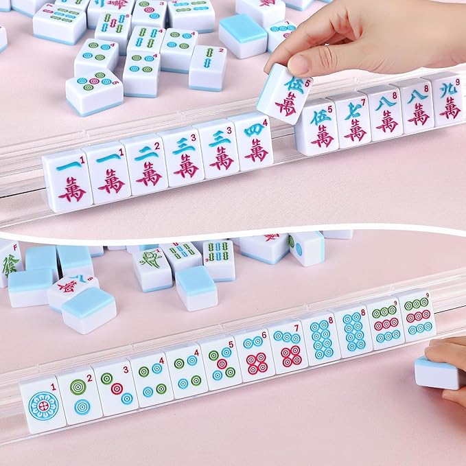 Chinese Mahjong Game Set 146 Qulity Mahjong Blue Tiles 1.4-inch Chinese Mahjong Game Set with Blue Printed Carrying Bag