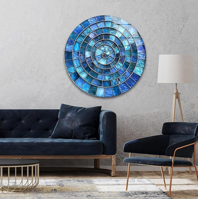 My Photostation.com 24''(60cm) Diameter Blue Aqua Spiral Harmony Round Glass Wall Art Tempered Glass Printing Wall Decor Large Wall Art Wall Hangings