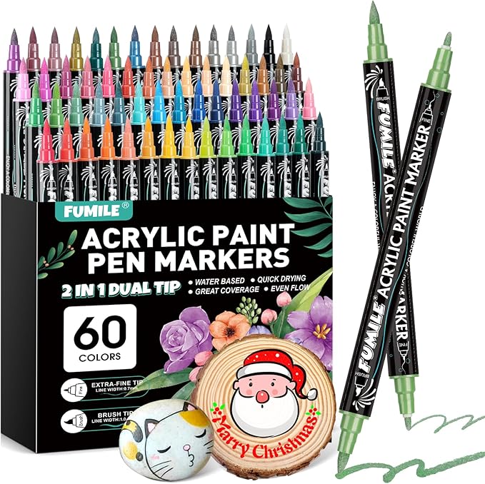 FUMILE 60 Colors Acrylic Paint Markers Dual Tip(Fine and Brush Tip), Acrylic Paint Pens paint Marker for Wood, Rock, Plastic, Glass, Ceramic, Canvas.Acrylic Markers Set for Art.