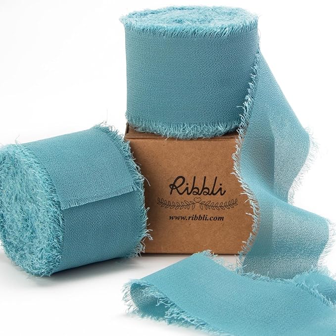Ribbli Deep Sea Blue Chiffon Ribbon 1-1/2 inch x 20 Yard Handmade Fringe Chiffon Silk Ribbon,Blue Ribbon for Wedding Invitations, Bridal Bouquets Wrapping, Flower Arrangement Decoration