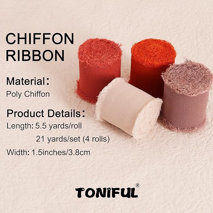 TONIFUL 4 Rolls Silk Chiffon Ribbon 1-1/2 Inch x 22 Yards,Orange Khaki Brown and Rust Handmade Fringe Terracotta Ribbon for Gift Wrapping Bridal Bouquets Crafts Wedding Fall Thanksgiving Decoration